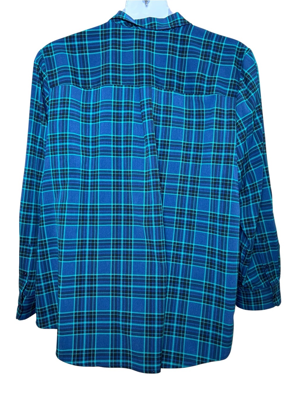 Talbots blue plaid long roll tab sleeve button top size 3X lightweight collared - Picture 3 of 10